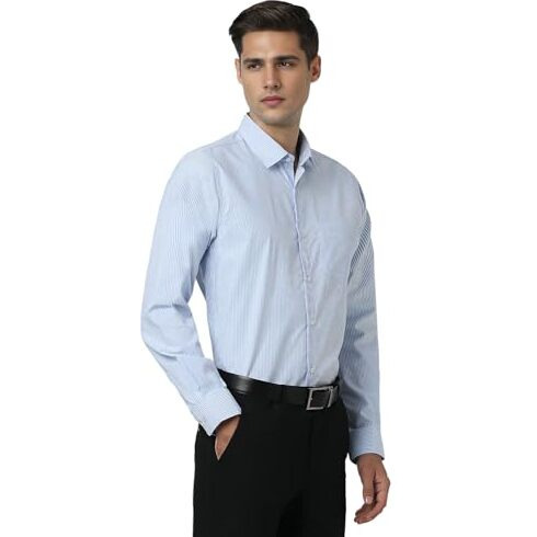Peter England Men's Slim Fit Full Sleeve Pin-Striped Formal Shirt | Cotton-Rich | Wonder Fabric | Pin Point Oxford Blue, 42