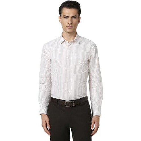 Peter England Men's Striped Slim Fit Full Sleeve Formal Shirt | Cotton-Rich | Wonder Fabric | Pin-Point Oxford Weave White