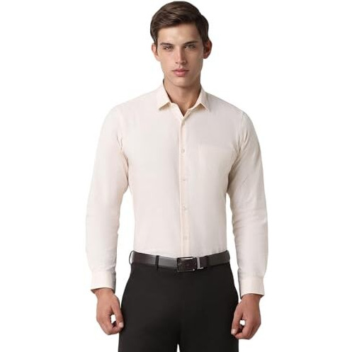 Peter England Men's Slim Fit Full Sleeve Self-Design Checkered Shirt | Cotton-Rich | Pin Point Oxford Beige