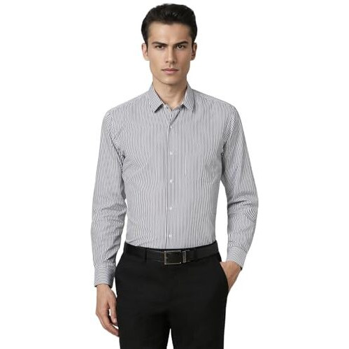 Peter England Men's Regular Fit Full Sleeve Striped Formal Shirt | Cotton Rich | Wonder Fabric | Premium Dobby Weave Grey