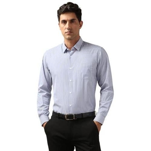 Peter England Men's Regular Fit Full Sleeve Striped Formal Shirt | Cotton Rich | Wonder Fabric | Premium Dobby Weave Blue