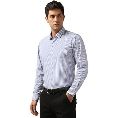 Peter England Men's Regular Fit Full Sleeve Striped Formal Shirt | Cotton Rich | Wonder Fabric | Premium Dobby Weave Blue
