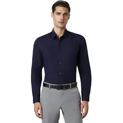 Peter England Men's Premium Solid Herringbone Regular Fit Full Sleeve Formal Shirt | Wonder Fabric | Cotton Rich Navy, 42