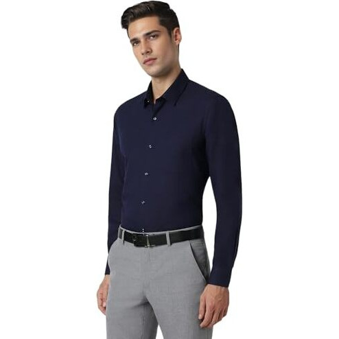 Peter England Men's Premium Solid Herringbone Regular Fit Full Sleeve Formal Shirt | Wonder Fabric | Cotton Rich Navy, 42