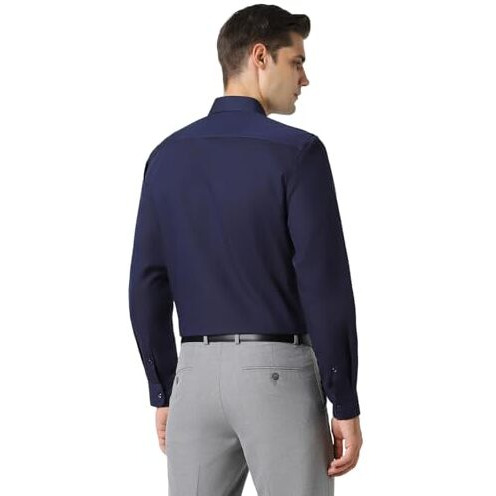 Peter England Men's Premium Solid Herringbone Regular Fit Full Sleeve Formal Shirt | Wonder Fabric | Cotton Rich Navy, 42