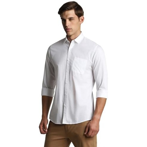 Peter England Men's Solid Slim Fit Full Sleeve Casual Shirt| 100% Cotton White