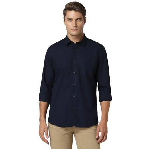 Peter England Men's Solid Slim Fit Full Sleeve Casual Shirt| 100% Cotton Navy, 39