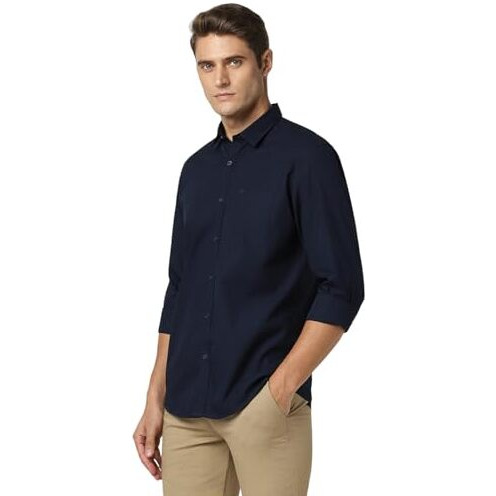 Peter England Men's Solid Slim Fit Full Sleeve Casual Shirt| 100% Cotton Navy, 39