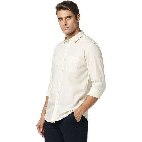 Peter England Men's Solid Slim Fit Full Sleeve Casual Shirt| 100% Cotton Cream, 40