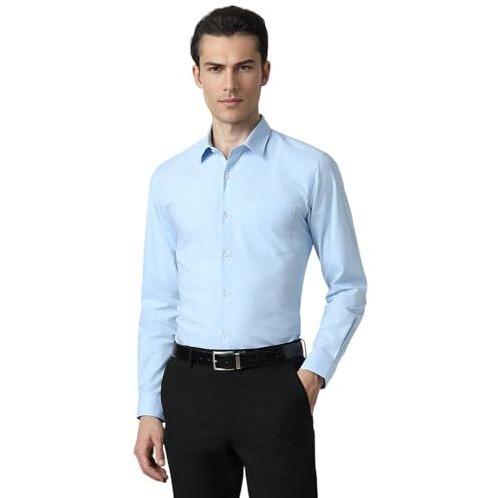 Peter England Men's Everyday Solid Slim Fit Full Sleeve Formal Shirt | Cotton-Rich Blue