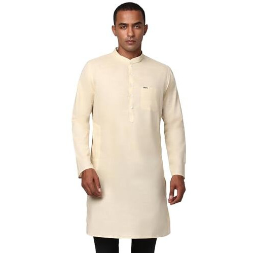 Peter England Men's Everyday Festive Solid Long Kurta Cotton Cream