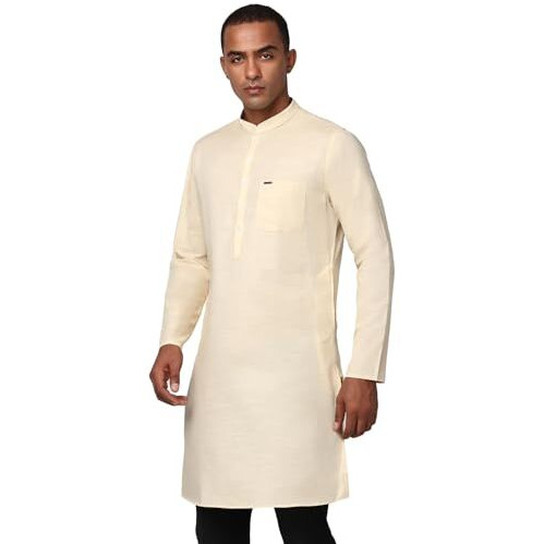 Peter England Men's Everyday Festive Solid Long Kurta Cotton Cream
