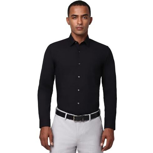 Peter England Men's Classic Solid Full Sleeve Slim Fit Shirt | Wonder Fabric | Cotton Rich | Pin Point Oxford Black
