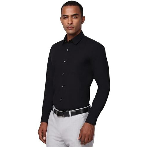 Peter England Men's Classic Solid Full Sleeve Slim Fit Shirt | Wonder Fabric | Cotton Rich | Pin Point Oxford Black