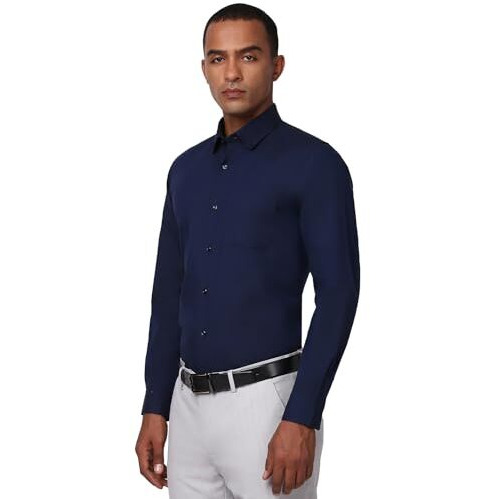 Peter England Men's Classic Solid Full Sleeve Slim Fit Shirt | Wonder Fabric | Cotton Rich | Pin Point Oxford Navy