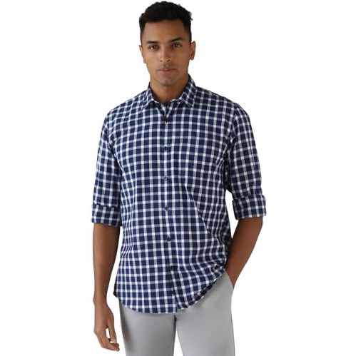 Peter England Men's Checkered Slim Fit Shirt (Pcsfsslpa89128_Navy