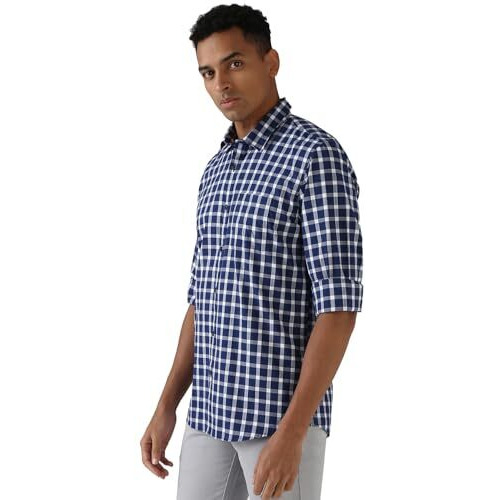 Peter England Men's Checkered Slim Fit Shirt (Pcsfsslpa89128_Navy