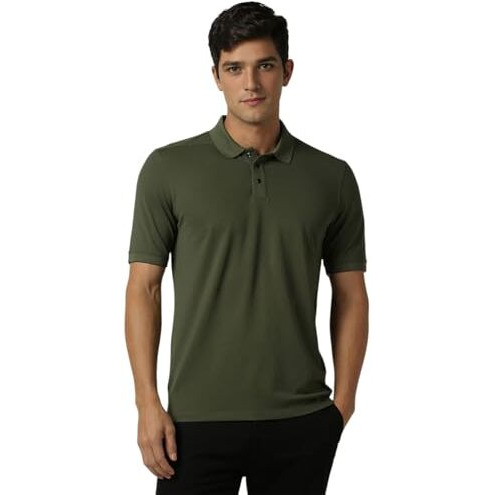 Peter England Men's Solid Regular Fit T-Shirt (Pxkpprgfu62734_Olive