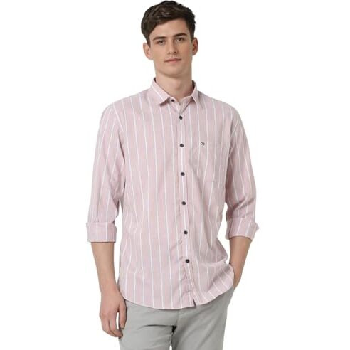 Peter England Men's Striped Slim Fit Shirt (Pcsftslpp53490_Pink