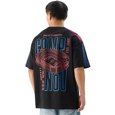 The Souled Store Official Fcb Camp Nou Black Graphic Printed Oversized Cotton T-Shirt For Men & Boys- Short Sleeve Round Neck