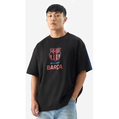 The Souled Store Official Fcb Camp Nou Black Graphic Printed Oversized Cotton T-Shirt For Men & Boys- Short Sleeve Round Neck