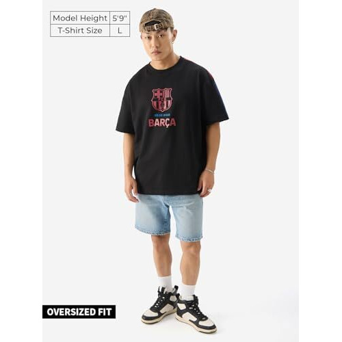 The Souled Store Official Fcb Camp Nou Black Graphic Printed Oversized Cotton T-Shirt For Men & Boys- Short Sleeve Round Neck