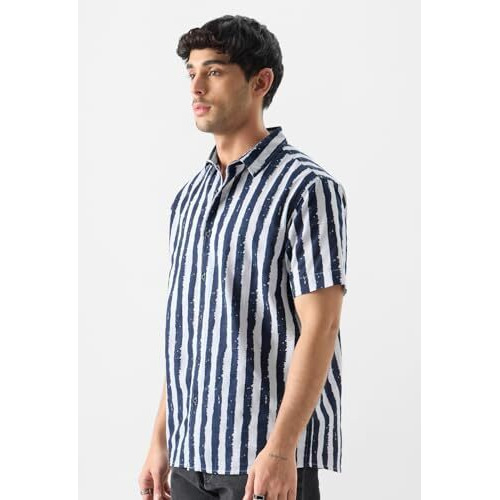 The Souled Store Men Stripes Midnight Blue Printed Shirts Shirts Casual Button-Down Half Sleeve Printed Graphic Short Sleeve Casual Workwear Fashionable Stylish Comfortable Trendy Classic Summer