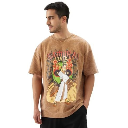 The Souled Store Official Samurai Jack Blade Short Sleeve Round Neck Brown Graphic Printed Cotton Oversized T-Shirts For Men & Boys