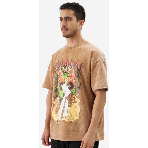 The Souled Store Official Samurai Jack Blade Short Sleeve Round Neck Brown Graphic Printed Cotton Oversized T-Shirts For Men & Boys