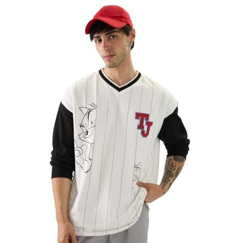 The Souled Store Official Tom & Jerry Stripped Men And Boys V Neck Multicolor Cotton Oversized Full Sleeve T-Shirts