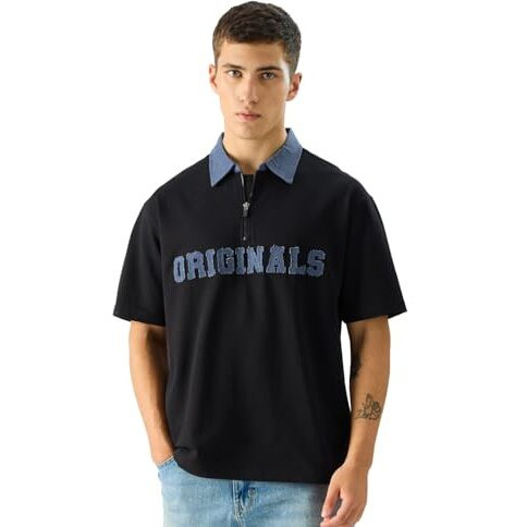 The Souled Store Ogs Only Men And Boys Short Sleeve Collared Neck Black And Blue Embellished Cotton Oversized Polos