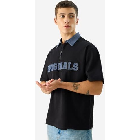 The Souled Store Ogs Only Men And Boys Short Sleeve Collared Neck Black And Blue Embellished Cotton Oversized Polos
