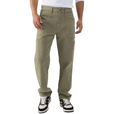 The Souled Store Solids Light Olive Straight Fit Cotton Blend Cargo Jeans For Men And Boys - Effortless Utility And Style Combined
