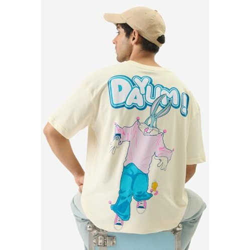 The Souled Store Official Bugs Bunny Dayum Men And Boys Short Sleeve Round Neck Off White Graphic Printed Cotton Oversized Fit T-Shirts Oversized T Shirts For Men Cotton Casual Half Sleeves Baggy