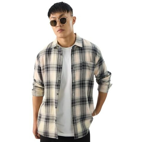 The Souled Store Plaid Waffle Black Men And Boys Long Sleeve Collared Neck Button Front Regular Fit Cotton Shirts