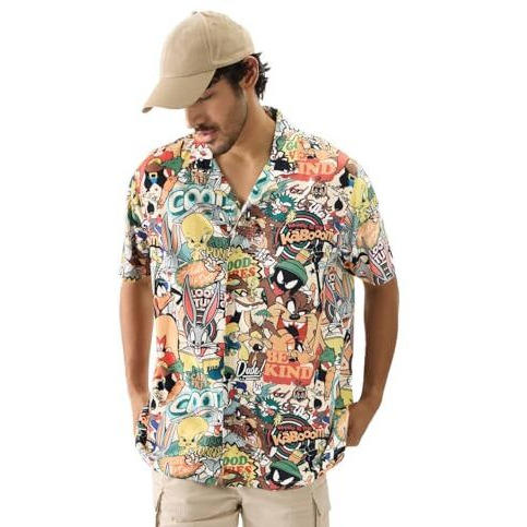 The Souled Store Official Looney Tunes Vintage Cotton Short Sleeve Collared Neck Button Down Summer Shirts For Mens & Boys- Classic Cartoon Style Multicolour