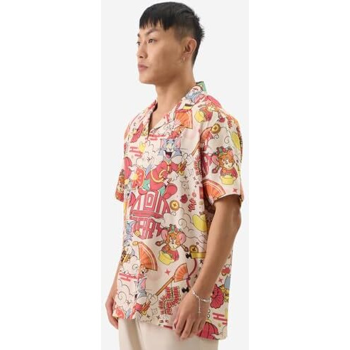 The Souled Store Official Tom & Jerry New Year Men And Boys Short Sleeve Collared Neck Button Front Regular Fit Cotton Printed Shirts Multicolour Tom & Jerry Old Retro Cartoon 90S Animated