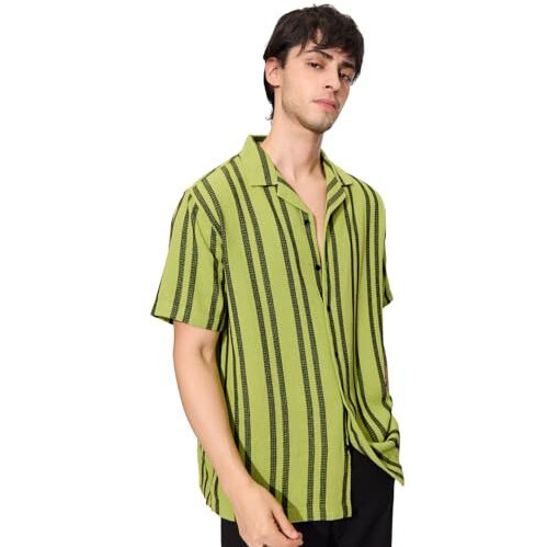 The Souled Store Stripes Lime Men And Boys Short Sleeves Collared Neck Button Front Regular Fit Textured Shirts