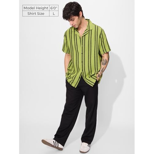The Souled Store Stripes Lime Men And Boys Short Sleeves Collared Neck Button Front Regular Fit Textured Shirts