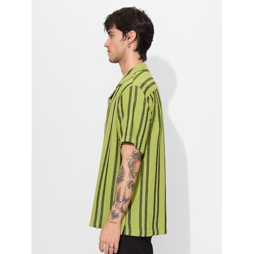 The Souled Store Stripes Lime Men And Boys Short Sleeves Collared Neck Button Front Regular Fit Textured Shirts
