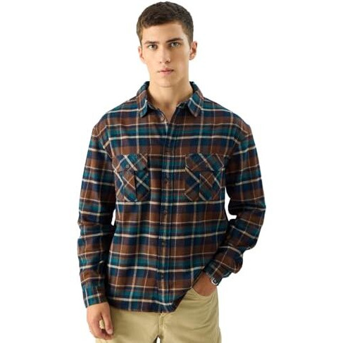 The Souled Store Plaid Brown/Navy Long Sleeve Collared Button Down Cotton Relaxed Fit Shirts For Men & Boys- Classic Style For Comfortable Wear