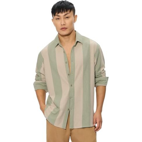 The Souled Store Stripes Sage Men And Boys Short Sleeves Collared Neck Button Front Regular Fit Cotton Shirt