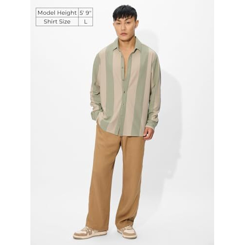 The Souled Store Stripes Sage Men And Boys Short Sleeves Collared Neck Button Front Regular Fit Cotton Shirt