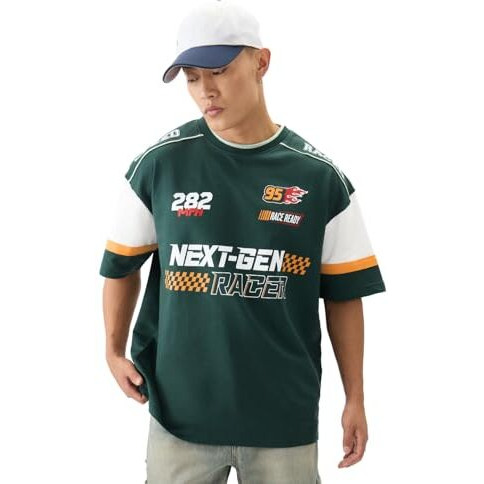 The Souled Store Official Disney Speed Racer Men And Boys Short Sleeve Round Neck Green Graphic Printed Cotton Oversized T-Shirts