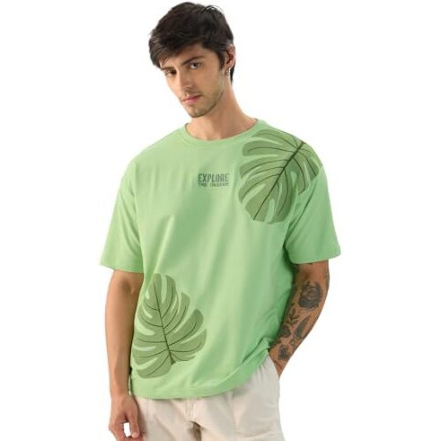 The Souled Store Explore The Unseen Men And Boys Short Sleeve Round Neck Green Embroided Cotton Oversized T-Shirts