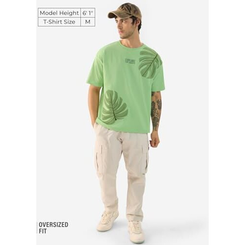 The Souled Store Explore The Unseen Men And Boys Short Sleeve Round Neck Green Embroided Cotton Oversized T-Shirts