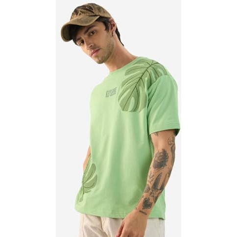 The Souled Store Explore The Unseen Men And Boys Short Sleeve Round Neck Green Embroided Cotton Oversized T-Shirts