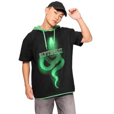The Souled Store Official Harry Potter Slytherin Essence Men And Boys Short Sleeves Black Embroidered Cotton Oversized Hooded T-Shirts