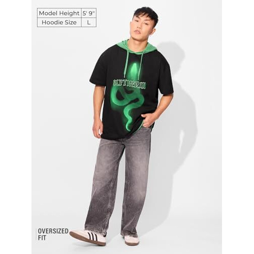 The Souled Store Official Harry Potter Slytherin Essence Men And Boys Short Sleeves Black Embroidered Cotton Oversized Hooded T-Shirts