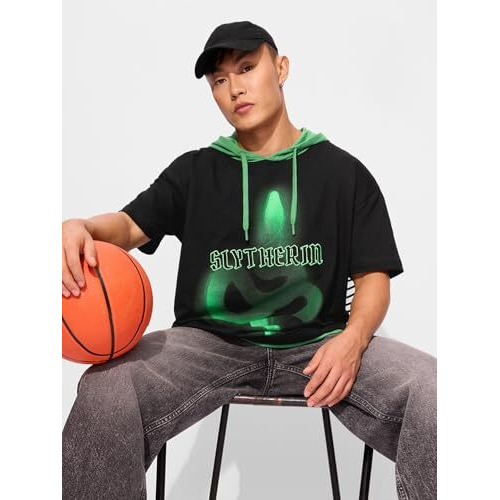 The Souled Store Official Harry Potter Slytherin Essence Men And Boys Short Sleeves Black Embroidered Cotton Oversized Hooded T-Shirts